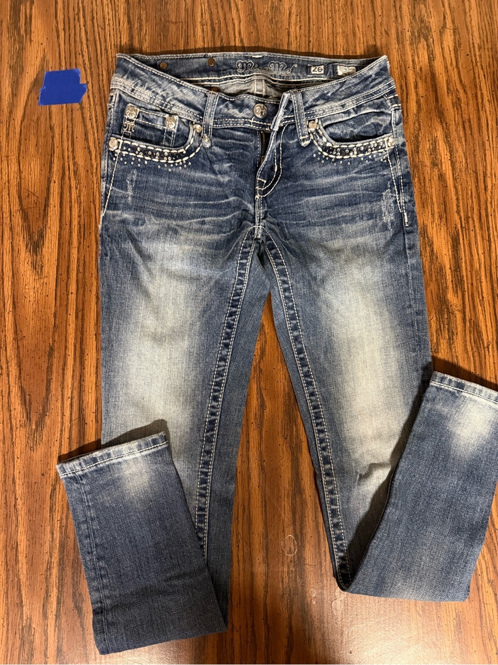 Miss Me Distressed Blue Skinny Jeans with Studded Pockets